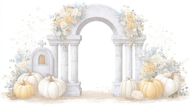 Architectural structure adorned with floral arrangements and pale gourds suggests a subtle seasonal celebration backdrop