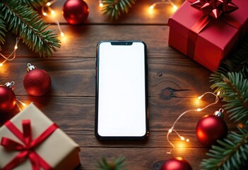 Smartphone with white blank screen with free space for text lying on a wooden table surrounded by Christmas ornaments, gift boxes and garland lights, online shopping, digital greetings, advertising.
