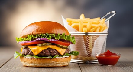 Classic cheeseburger with fresh vegetables, melted cheese, and a juicy patty, accompanied by golden french fries and ketchup on a wooden surface