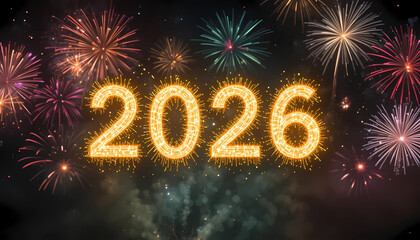 Glowing 2026 Text with Multicolor Fireworks and Dynamic Celebration Lights