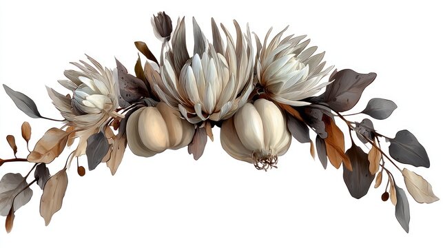 Neutral toned floral and gourd arrangement forms an elegant decorative arc