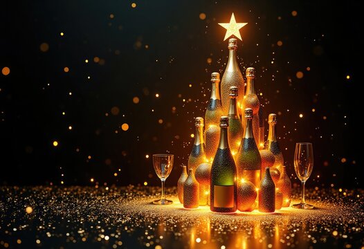 Elegant Christmas tree made of sparkling champagne bottles, glasses and a star topper on a glittering dark background with copy space, ideal for New Year celebration, party ads, premium designs, card