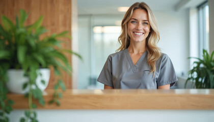 Fototapeta premium Smiling woman in grey uniform stands at reception desk. Nurse looks at the camera. Young medical worker ready to assist in modern clinic or hospital. Doctor at her working place indoors.
