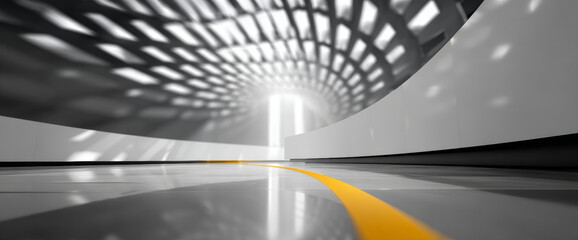 Futuristic architectural interior with curved white walls and patterned ceiling casting dynamic shadows on glossy floor with yellow line