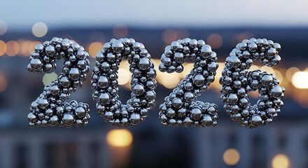 2026 metallic spheres representing new year celebration with bokeh