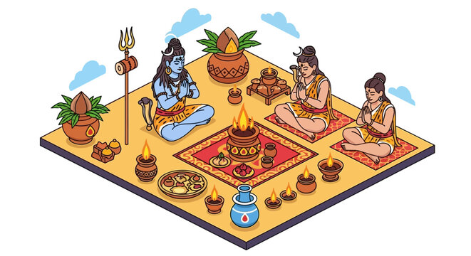 Vedic Havan Yajna worship ceremony for the Hindu deity Shiva with priests in a detailed isometric illustration