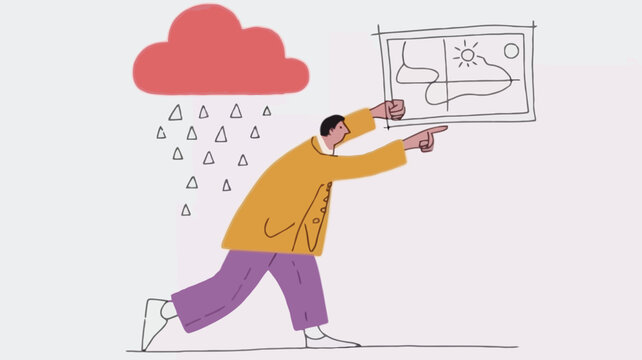 Surreal meteorologist character in a vibrant colorful abstract background pointing towards a celestial event or atmospheric phenomenon suitable for science weather or fantasy themes