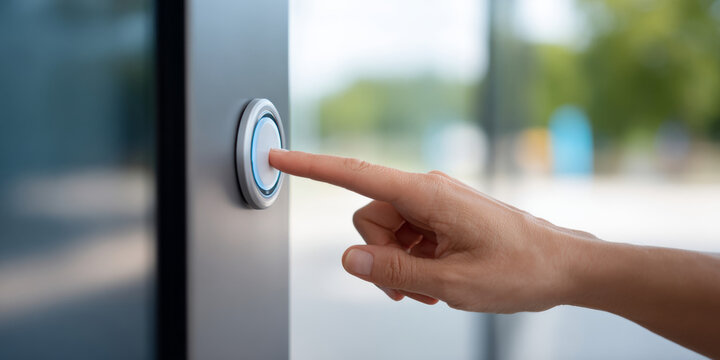 Close-up of a hand pressing a modern illuminated doorbell button on a glass door in an outdoor setting with blurred background