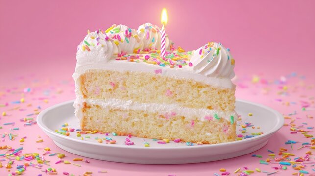 Single slice of layered white cake with white frosting and colorful sprinkles rests on a plate against a bright pink background