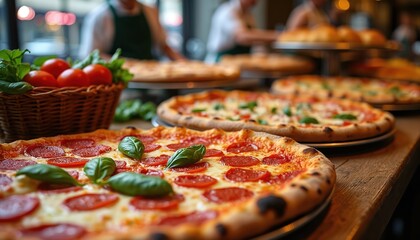 Various pizzas, pepperoni and margherita, sit on a wooden counter with fresh tomatoes and basil. Chefs work in background of pizza shop kitchen.
