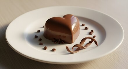 A heart-shaped chocolate dessert beautifully presented on a white plate.