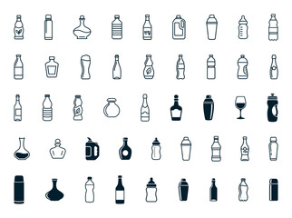 Bottle and Beverage Container Outline Icon Set: Collection of Linear Vector Symbols for Drinks, Liquids, Water, and Various Packaging Types.