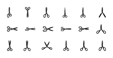 Large set of scissors vector icons in black color, showing various types and angles of open and closed shears for tailoring, hairdressing, and crafting.