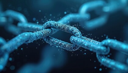 Blue digital chain links form a secure network connection. Data is encrypted and linked together in a strong, unbreakable system. Futuristic technology symbolizes global data.