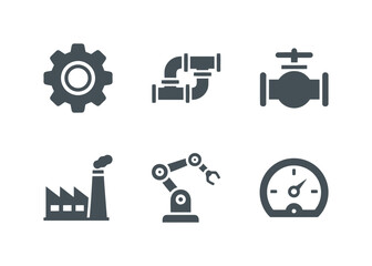 Industrial and manufacturing engineering vector icons in dark gray color, including gear, pipeline, valve, factory building, robotic arm, and pressure gauge symbols.