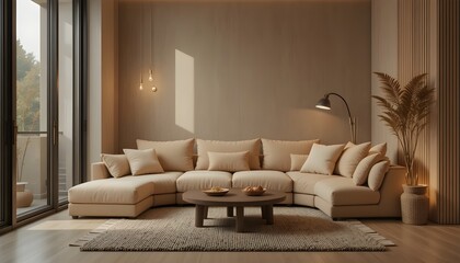 Fototapeta premium Minimal cozy corner with beige cushions and warm glow