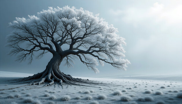 Majestic winter tree with frost-covered branches stands alone in a serene snowy landscape, showcasing the beauty of nature and tranquility in a cold environment