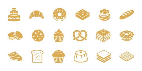 Various confectionery and baked goods dessert vector icons in golden yellow color, including cake, croissant, donut, cookie, cupcake, pie, pretzel, and sandwich pictograms.
