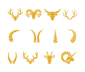 Set of animal horns and antlers vector icons in golden yellow color, featuring deer, ram, buffalo, giraffe, and unicorn head and horn symbols. © 张锋