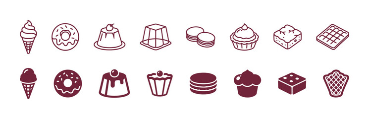 Horizontal seamless set of twenty line art and solid vector icons showing popular dessert and sweet foods, including ice cream, donuts, pudding, macarons, and wafers in a deep magenta color scheme.