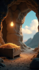 Hay fills manger in cave with soft glow, evoking nativity and Christmas scene. Golden halo effect suggests spiritual presence. Intended for religious publications and seasonal Christmas themes.