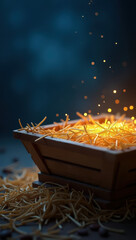 Wooden manger filled with golden straw glows warmly in midnight blue setting. Scene evokes Christmas nativity and biblical themes, suitable for religious Christmas cards and decorations.
