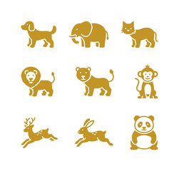 Fototapeta premium Set of nine golden vector icons depicting various wild and domestic animals, including a dog, elephant, cat, lion, lioness, monkey, deer, rabbit, and panda bear.