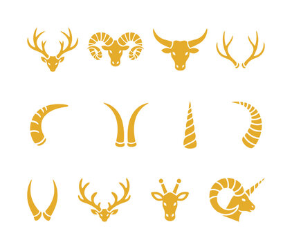 Set of animal horns and antlers vector icons in golden yellow color, featuring deer, ram, buffalo, giraffe, and unicorn head and horn symbols.