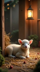 Small lamb rests on straw under glowing lantern, representing warmth and innocence. Image evokes themes of Christmas and nativity, suitable for use in holiday cards and religious media.