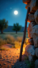 Shepherd's staff rests against stone wall under moonlight, representing nativity and biblical themes. Rural landscape suggests setting for Jesus Christ's birth,
