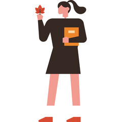 Autumn Season Student Holding a Book and Maple Leaf with a Ponytail and Red Shoes on a White Background Representing Education and Fall Harvest Celebrations