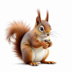 Obraz premium Cute red squirrel holding an acorn nut in its paws, isolated on white background