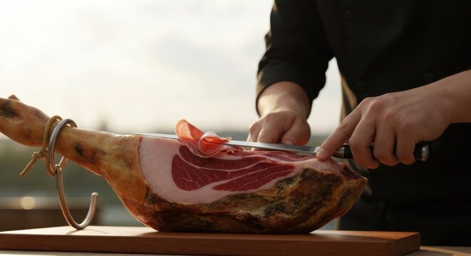 Close-up of a person slicing cured ham on a wooden board outdoors