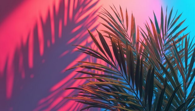 Palm leaves cast shadows on a wall lit with bold pink and blue neon lights. Tropical foliage creates a vibrant abstract jungle background with a retro feel.