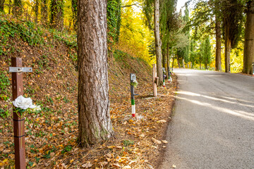 Roadside memorials lining an autumn road, remembering accident victims, symbols of remembrance and loss. In Agnone, Molise, Italy