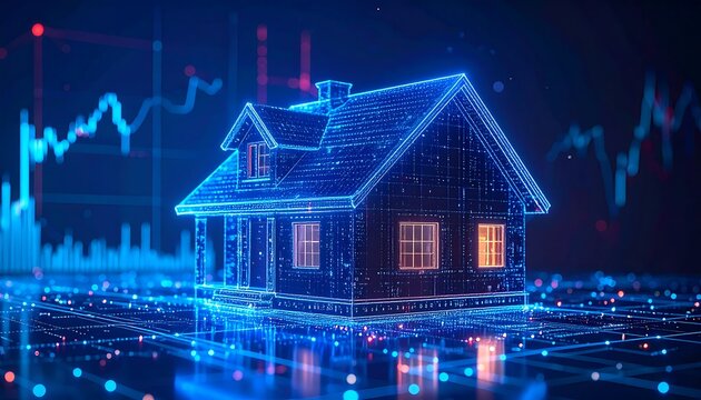 Futuristic House with Glowing Outline and Financial Graph Background.