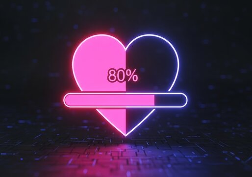 Neon glowing heart icon with 80% loading bar on dark background. Digital love concept for Valentines day, health tracking or social media app.