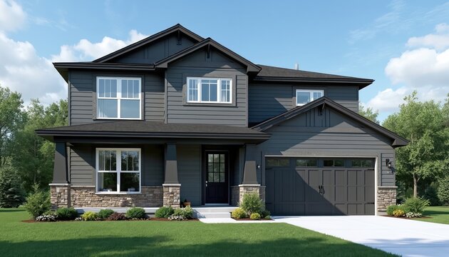 Modern two-story house with stone accents and garage. This suburban home has front porch with landscaping. Blue sky and green lawn complement exterior design. Family dream home for comfortable living.