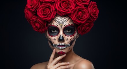 Woman with calavera face makeup and red roses on head for the Day of the Dead celebration. Halloween or festive costume.