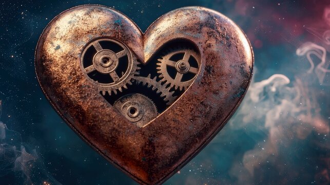 A close-up of a heart-shaped object made of rusty metal, with visible gears and clockwork mechanisms inside. Wisps of smoke and colorful nebula-like clouds are