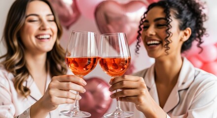 Two women toasting with wine glasses, happy for celebration. Female friends clinking glasses. Party, bachelorette, Valentines Day event.