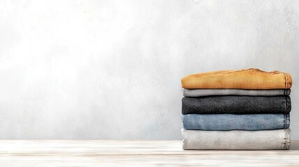 A neat stack of five pairs of folded jeans in various colors, including denim blue, grey, and a mustard yellow, rests on a light wooden surface against a textur