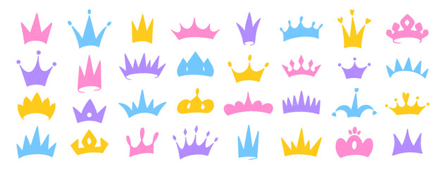Crown colorful icons set. Crayon king or queen crowns. Line art doodles. Hand drawn prince and princess head accessories. Royal diadem, majestic tiara. Sketch of luxurious symbols, vector illustration