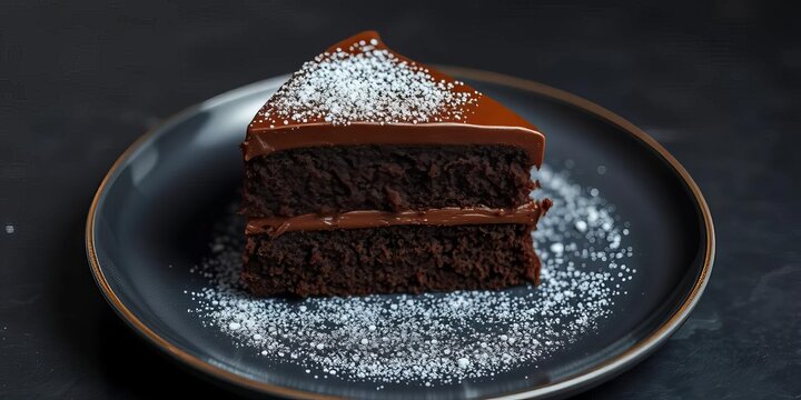 Dark plate holds moist chocolate cake slice, rich frosting,   brown,  confectionery