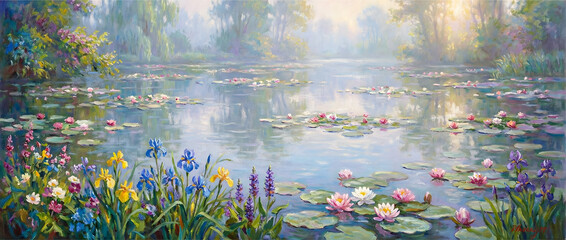 Tranquil Water Lily Pond Impressionist Scene

Soft Reflections on Water with Lily Pads, Peaceful Garden Pond with Water Lilies, Impressionist Water Surface with Flowers, Nature Reflection Pond in Impr