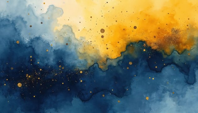 Abstract watercolor texture with navy blue, mustard yellow swirls. Gold dust particles float across blended paint washes creating dynamic fluid background. Soft gradients form ethereal cloudy shapes.