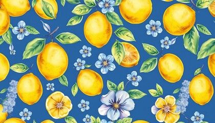 Watercolor lemon seamless pattern, vintage blue floral background , texture, wallpaper