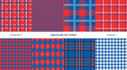 Seamless vector patterns showcasing red blue white USA themed plaid designs in tartan houndstooth argyle check for patriotic events crafts textiles Fourth of July celebrations American style projects