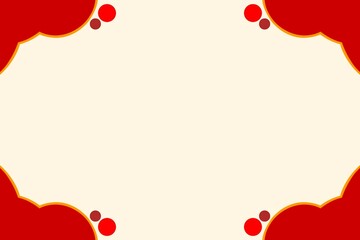 a cream background framed with red curved corner ornaments decorated with small red and yellow circular accents. The center is blank and ideal for text.