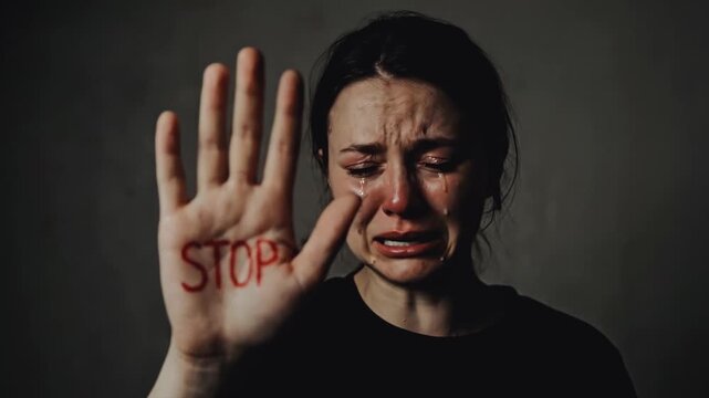 Crying woman showing stop written on hand. Victim of domestic violence pleading for help. Abuse and mental health concept
